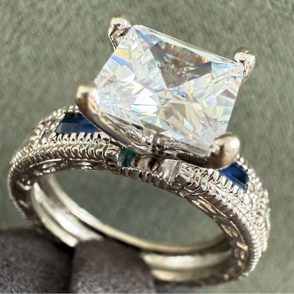 Large Princess Cut CZ Ring with Blue Accent Stones – Size 8 Bold Glam Look - Picture 15 of 17